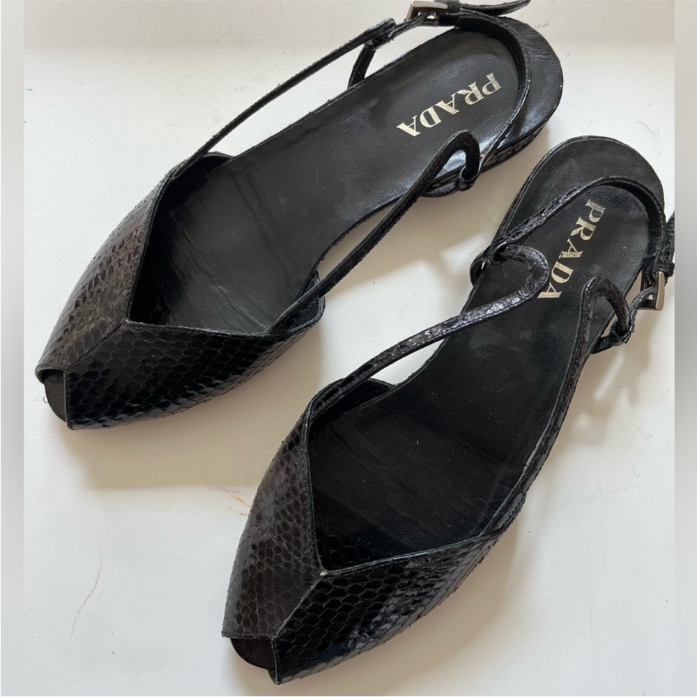 Prada Black Snakeskin-Textured Slingback Flats
